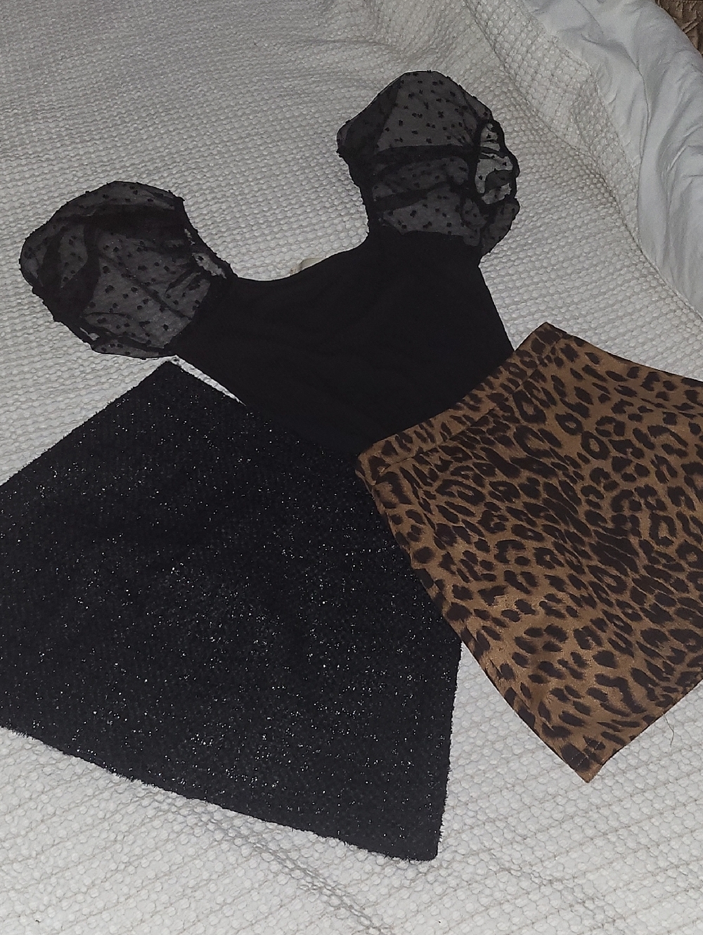 XS Altar'd State 3 PCS Bundle 1 Puff Sleeve Bodysuit Sheer & 2 Skirts Leopard